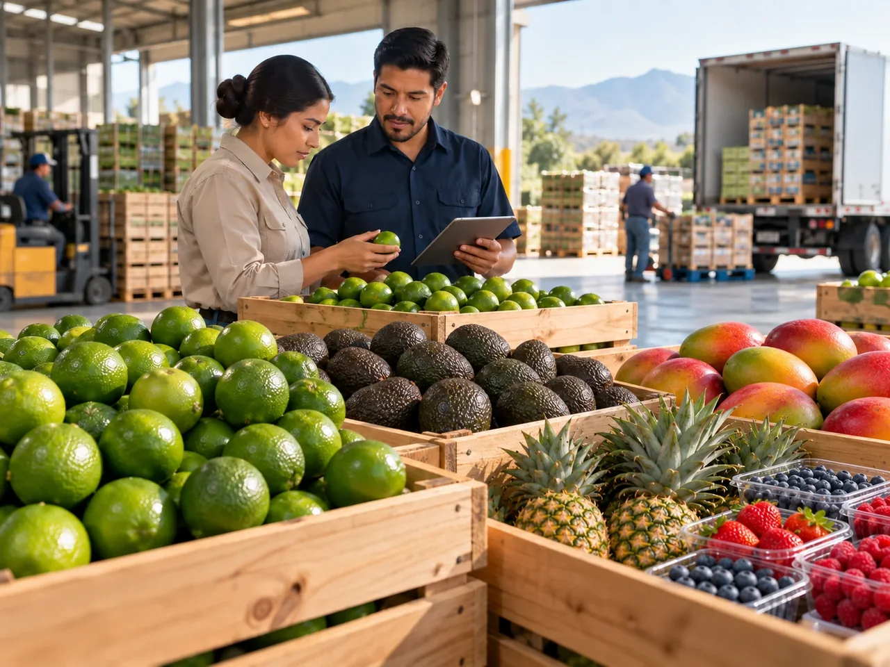 Aguacate Hass, limón persa, berries, piña y mango preparados para su comercialización